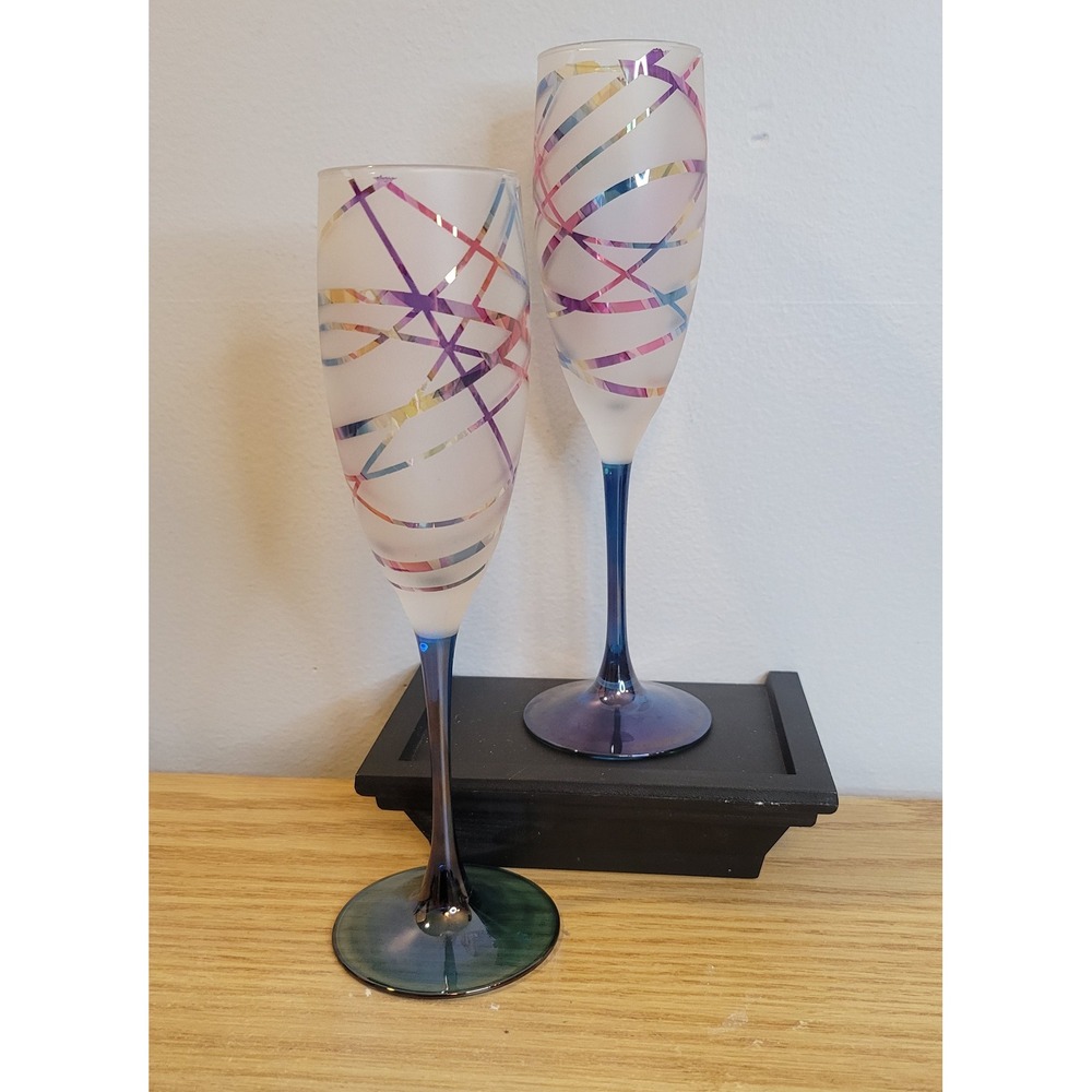 Vintage Luminarc France Champagne Flutes Pair Abstract Ribbon Frosted Signed